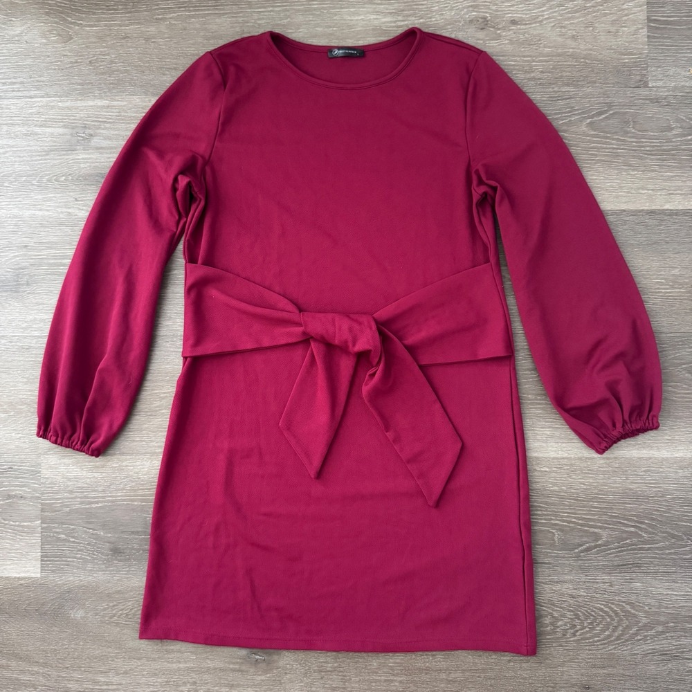 Pretty Garden Mini Dress Women L Burgundy Long Sleeve Tie Waist Crew Neck